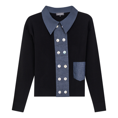 Double Breasted Knit Combo Sweater Black