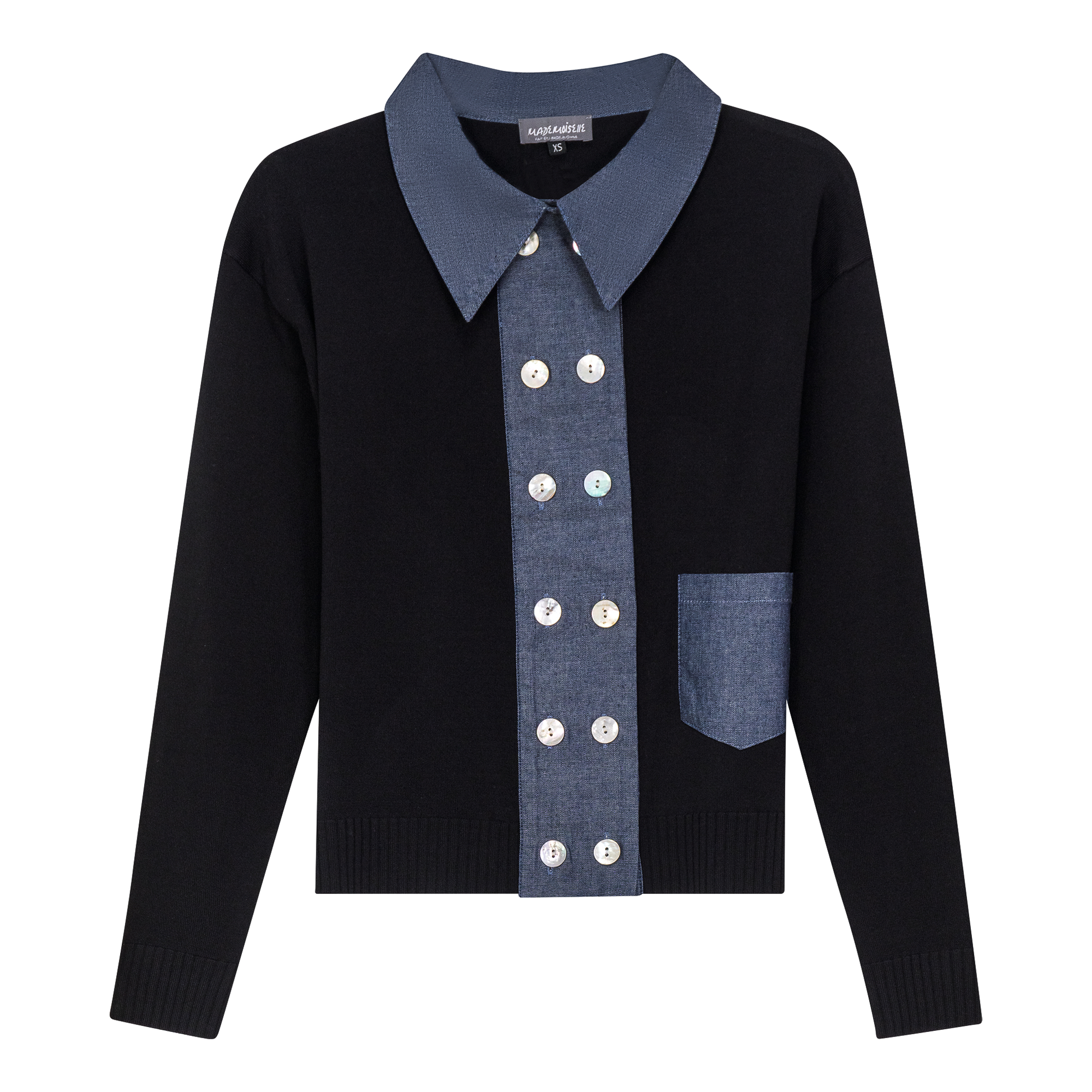 Double Breasted Knit Combo Sweater Black