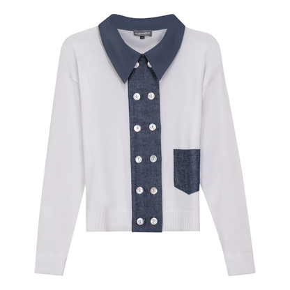 Double Breasted Knit Combo Sweater White