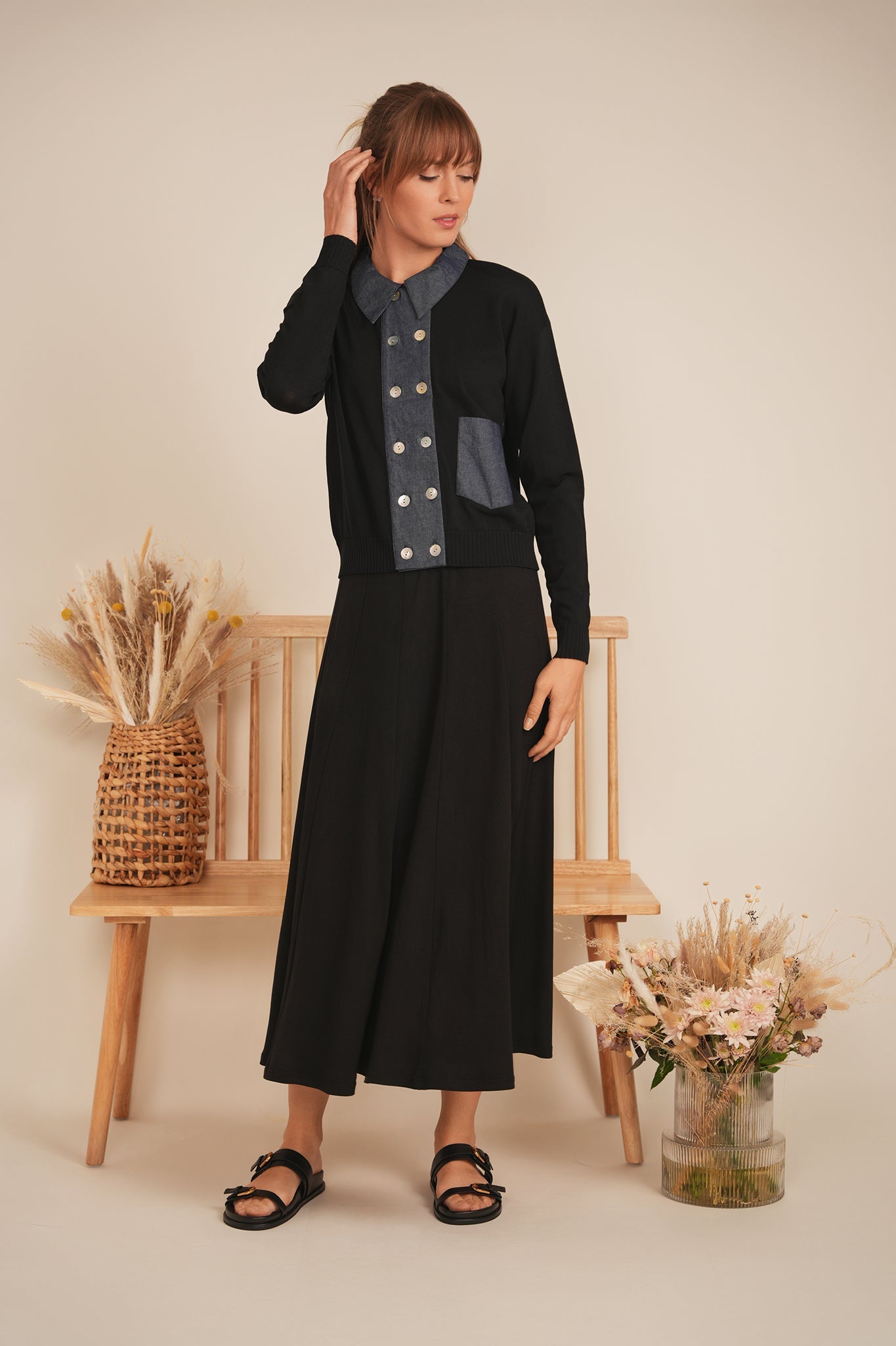 Double Breasted Knit Combo Sweater