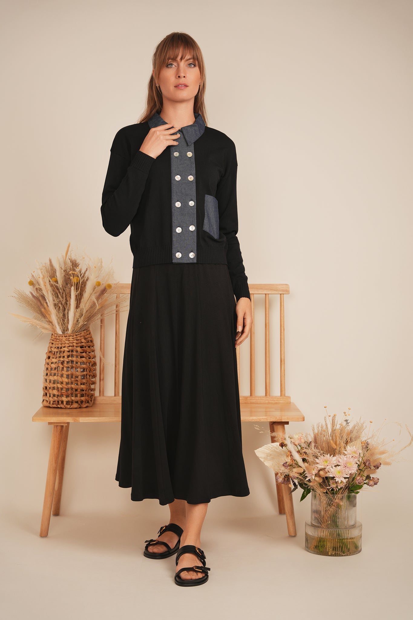 Double Breasted Knit Combo Sweater