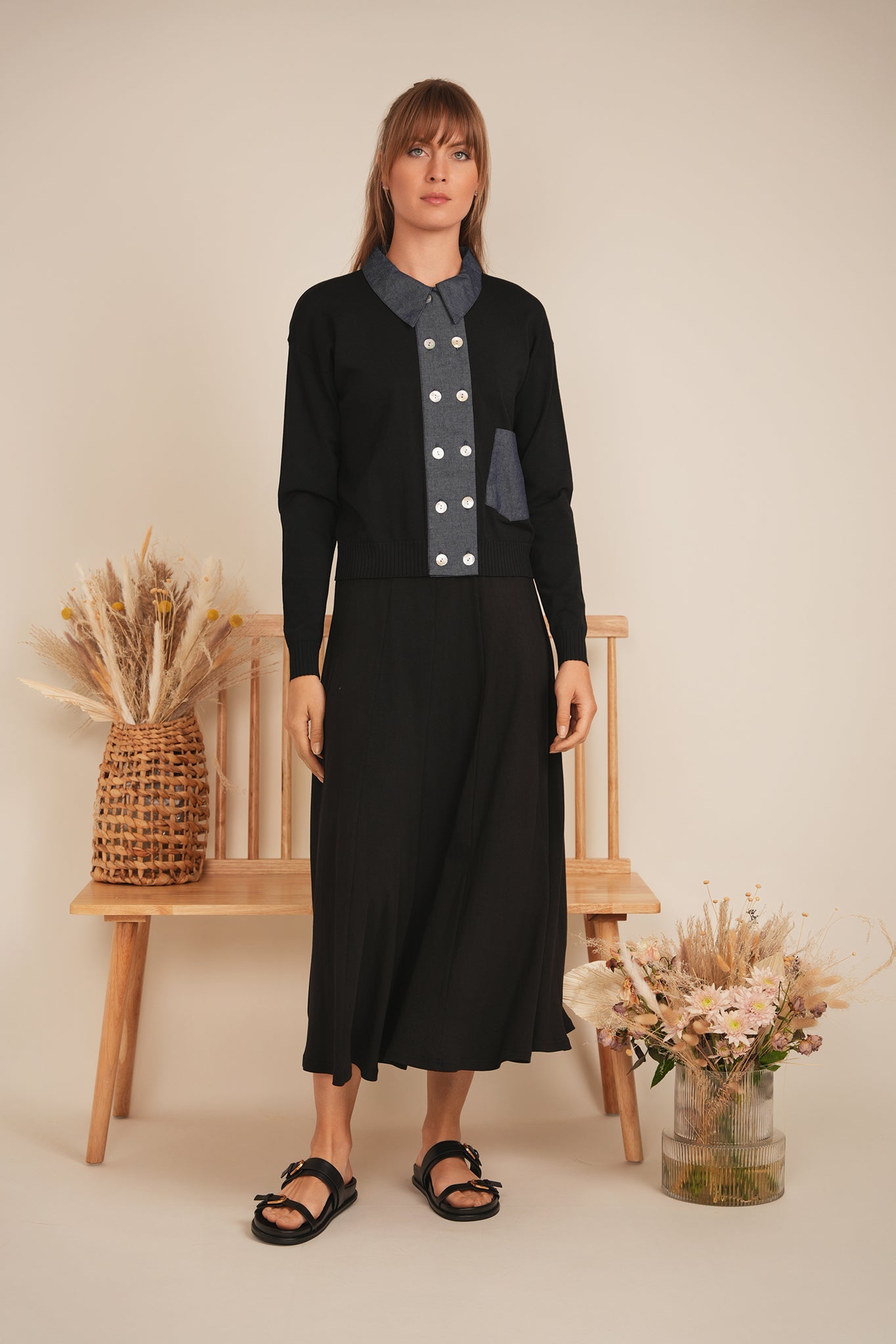 Double Breasted Knit Combo Sweater