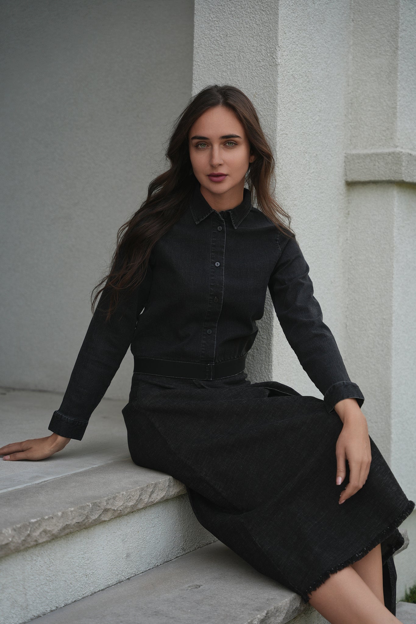 Cropped Denim Elastic Shirt