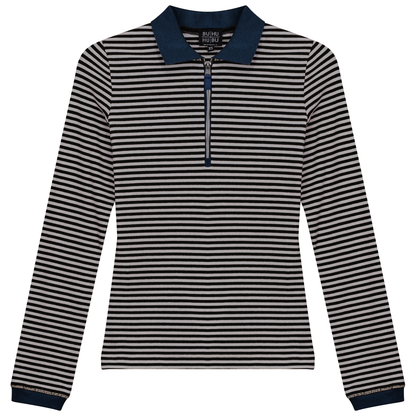 Stripped Ribbed Zipper Henley Tee Black Chambray