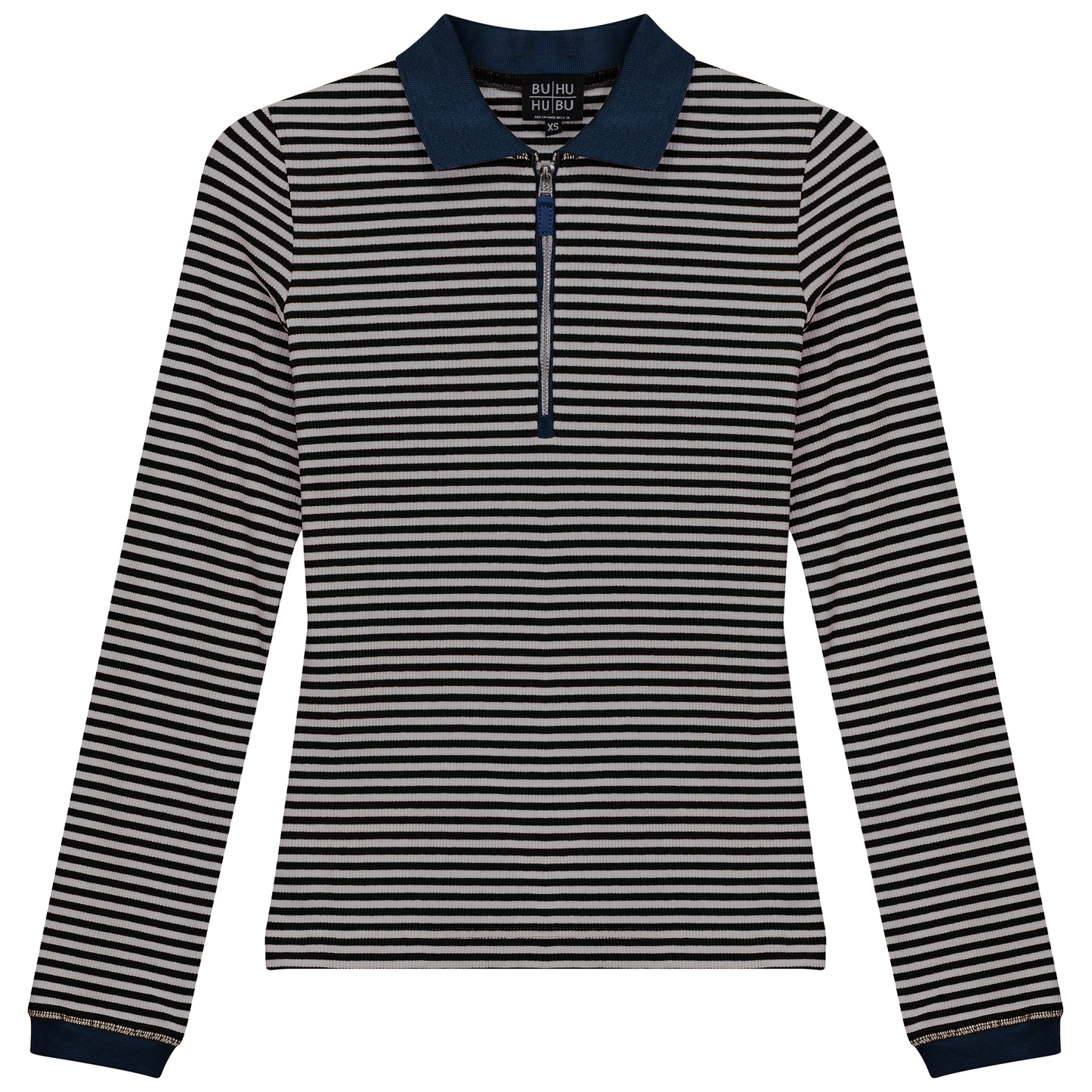 Stripped Ribbed Zipper Henley Tee Black Chambray