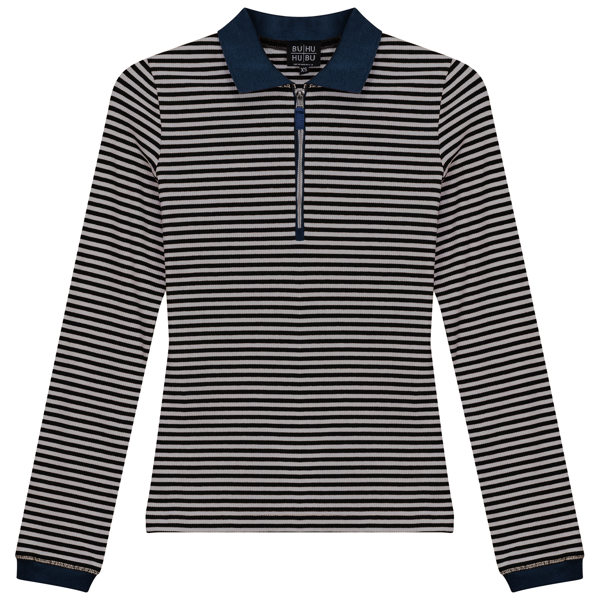 Stripped Ribbed Zipper Henley Tee Black Chambray