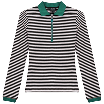 Stripped Ribbed Zipper Henley Tee Black