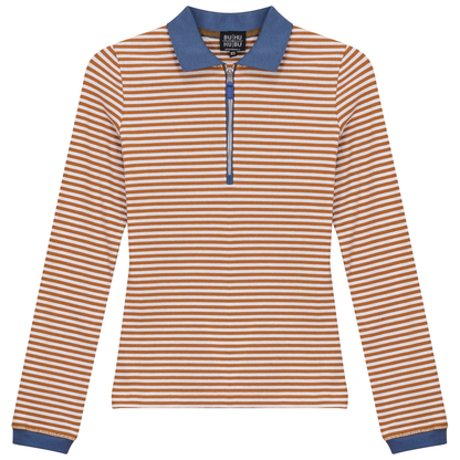 Stripped Ribbed Zipper Henley Tee Cognac