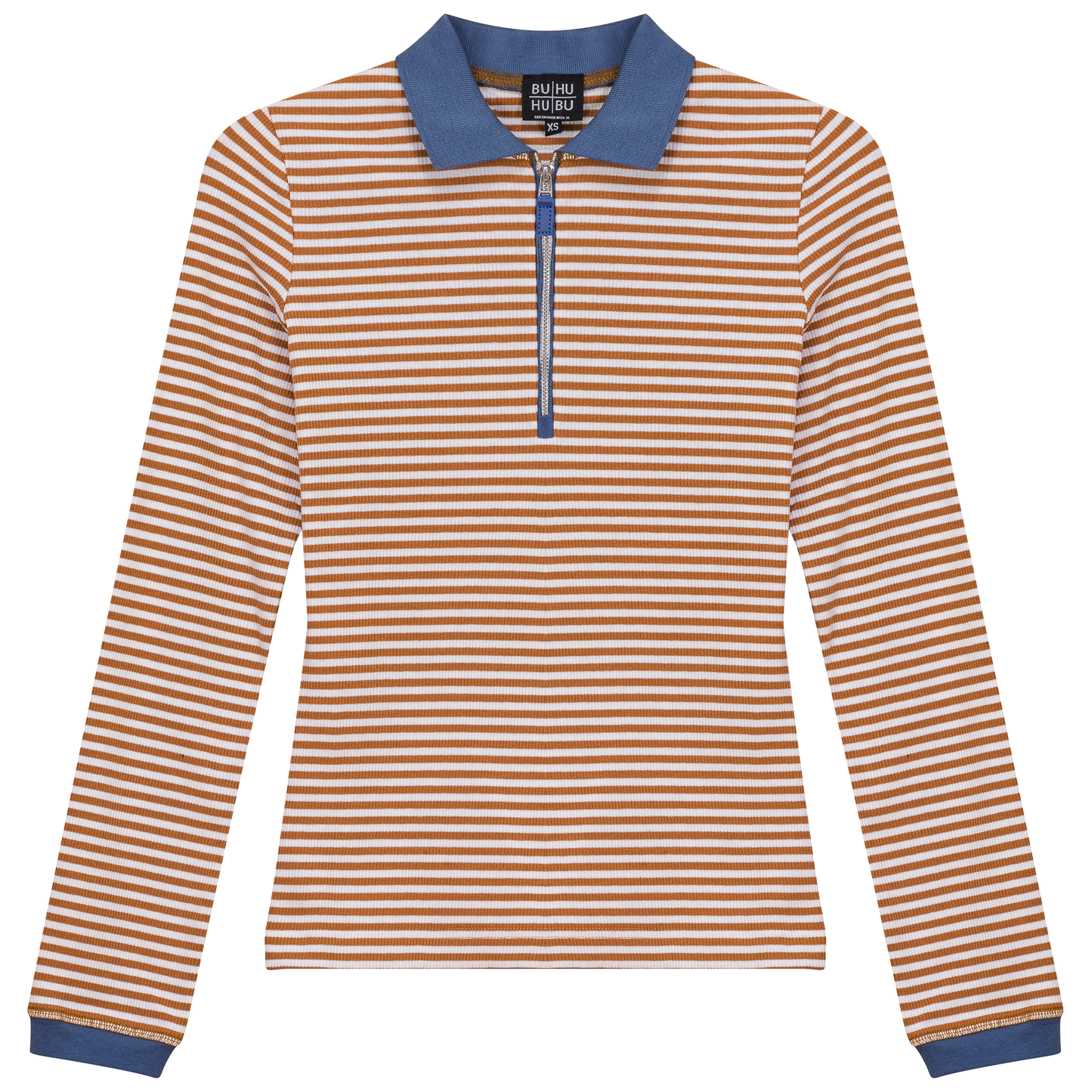 Stripped Ribbed Zipper Henley Tee Cognac