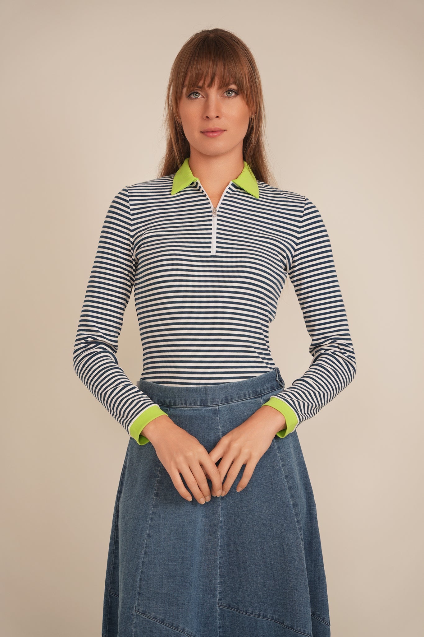 Stripped Ribbed Zipper Henley Tee