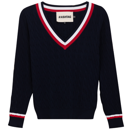 V Neck Cable Sweater Dark Navy