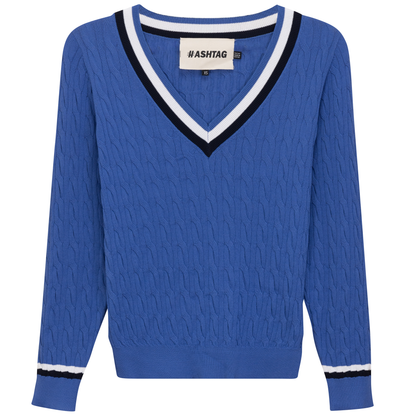 V Neck Cable Sweater Denim