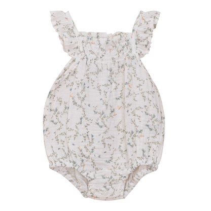 Crinkle Leaves and Bird Print Romper Powder