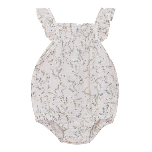 Crinkle Leaves and Bird Print Romper Powder