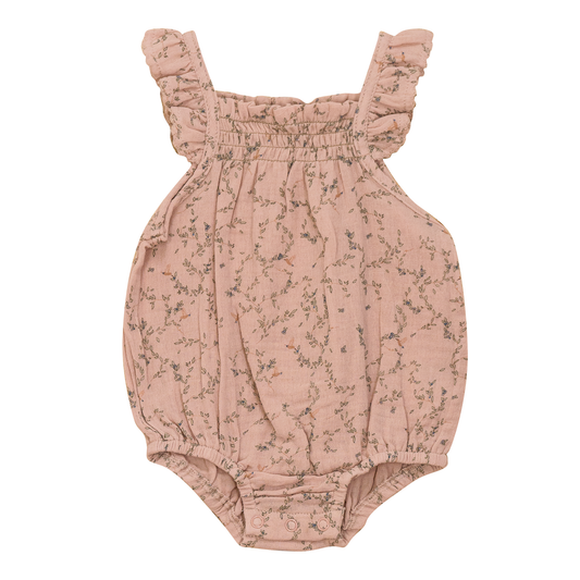 Crinkle Leaves and Bird Print Romper Light Maple