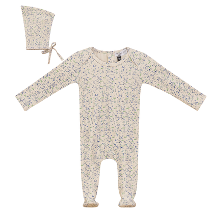 Flower Leaves Print Onesie and Bonnet Blue Taupe