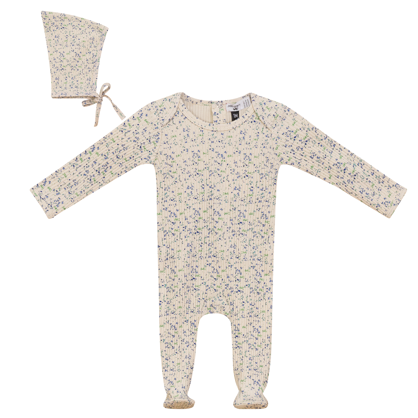 Flower Leaves Print Onesie and Bonnet Blue Taupe