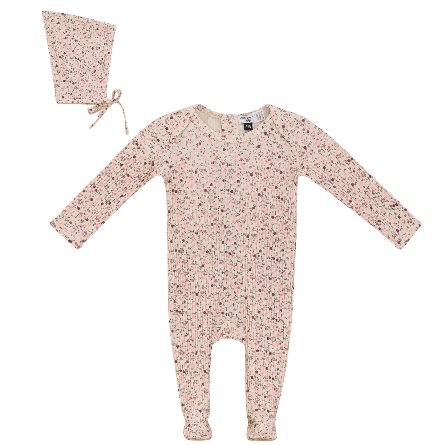 Flower Leaves Print Onesie and Bonnet Pink Taupe