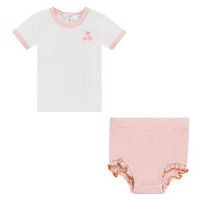 Cherry Print Top Set Off White Mauve