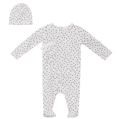 Crinkle Flower Print Onesie Set White Black