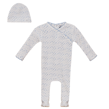 Flower and Dot Print Onesie Set Blue Off White