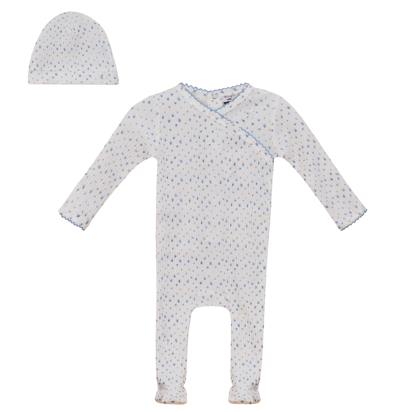Flower and Dot Print Onesie Set Blue Off White