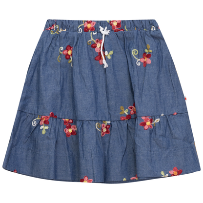 Woven Denim Flower Embroidered Skirt Denim