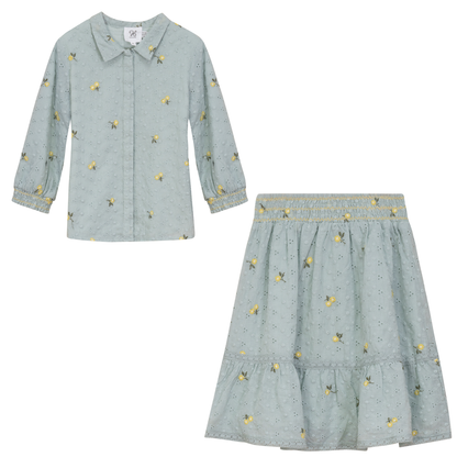 Flower Embroidered Skirt Set Mint