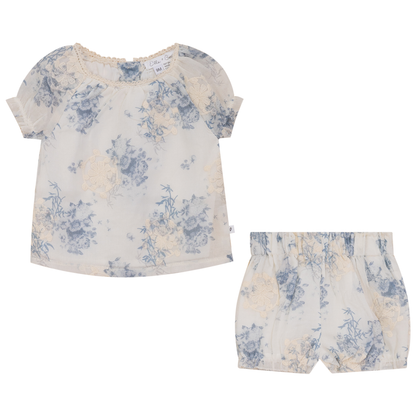 Woven Flower Embroidered 2Pc Set Blue