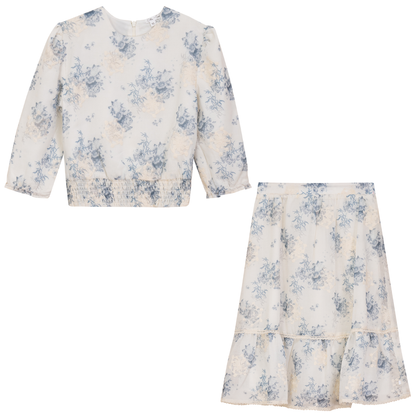 Flower Print Embroidered 2Pc Set Blue