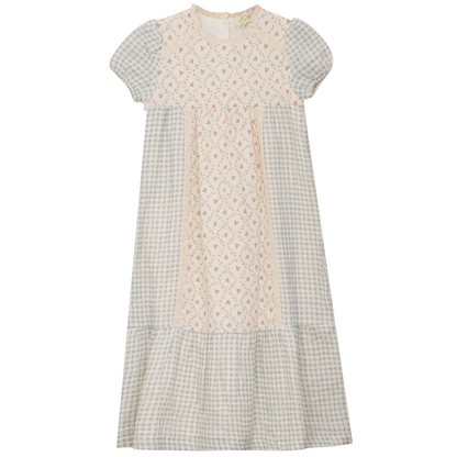 Maxi Dress with Lace Trim Blue Grey Pink