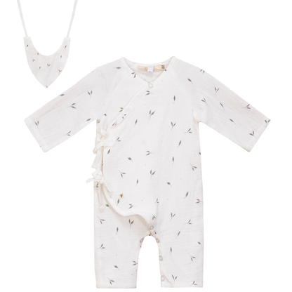 Leaf Print muslin Wrap Romper White