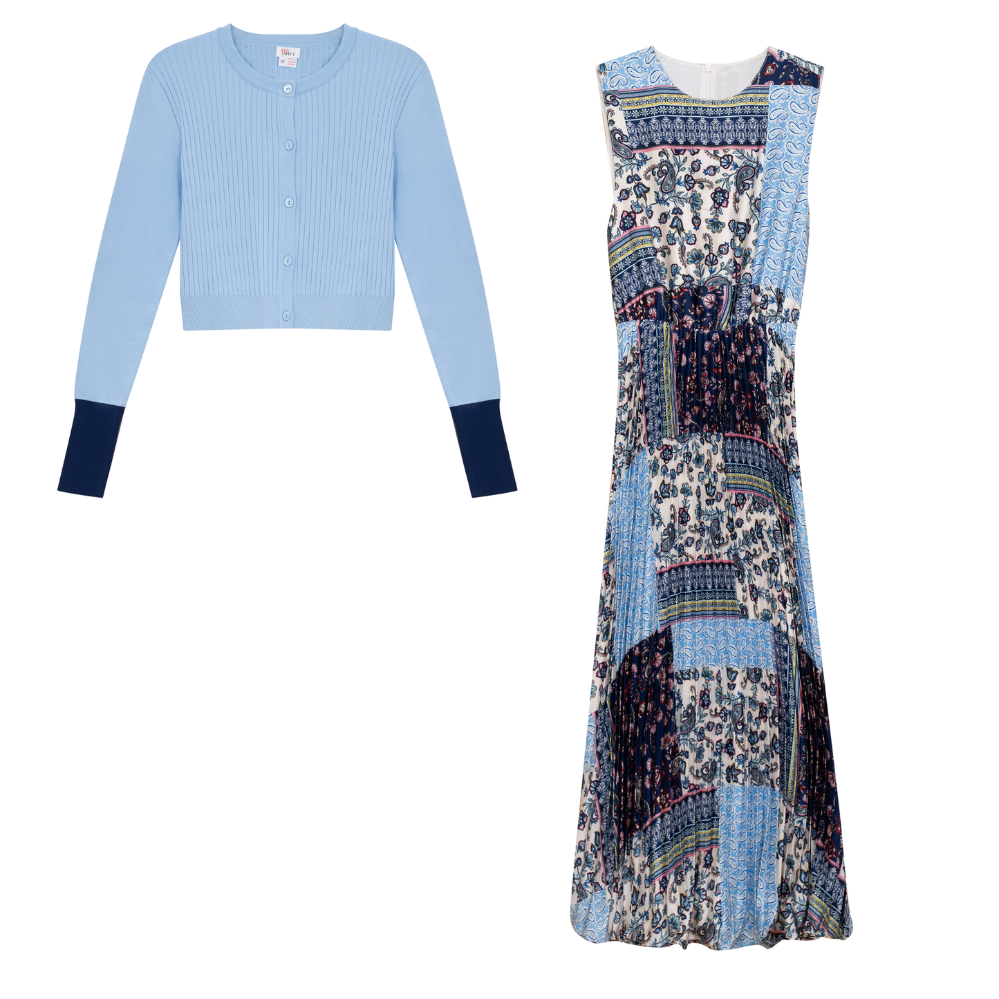 Pleated Jumper with Cardigan Set Blue