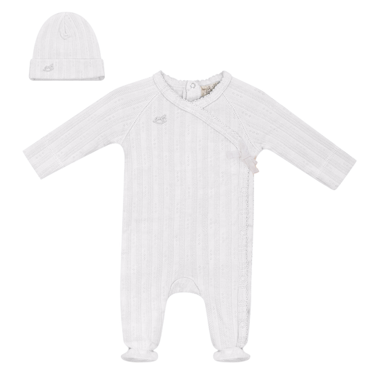 Pointelle Rib Wrap Onesie and Hat White
