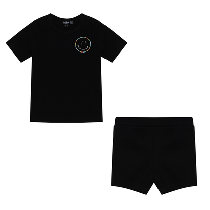 Smiley Embroidered Shorts Set Black