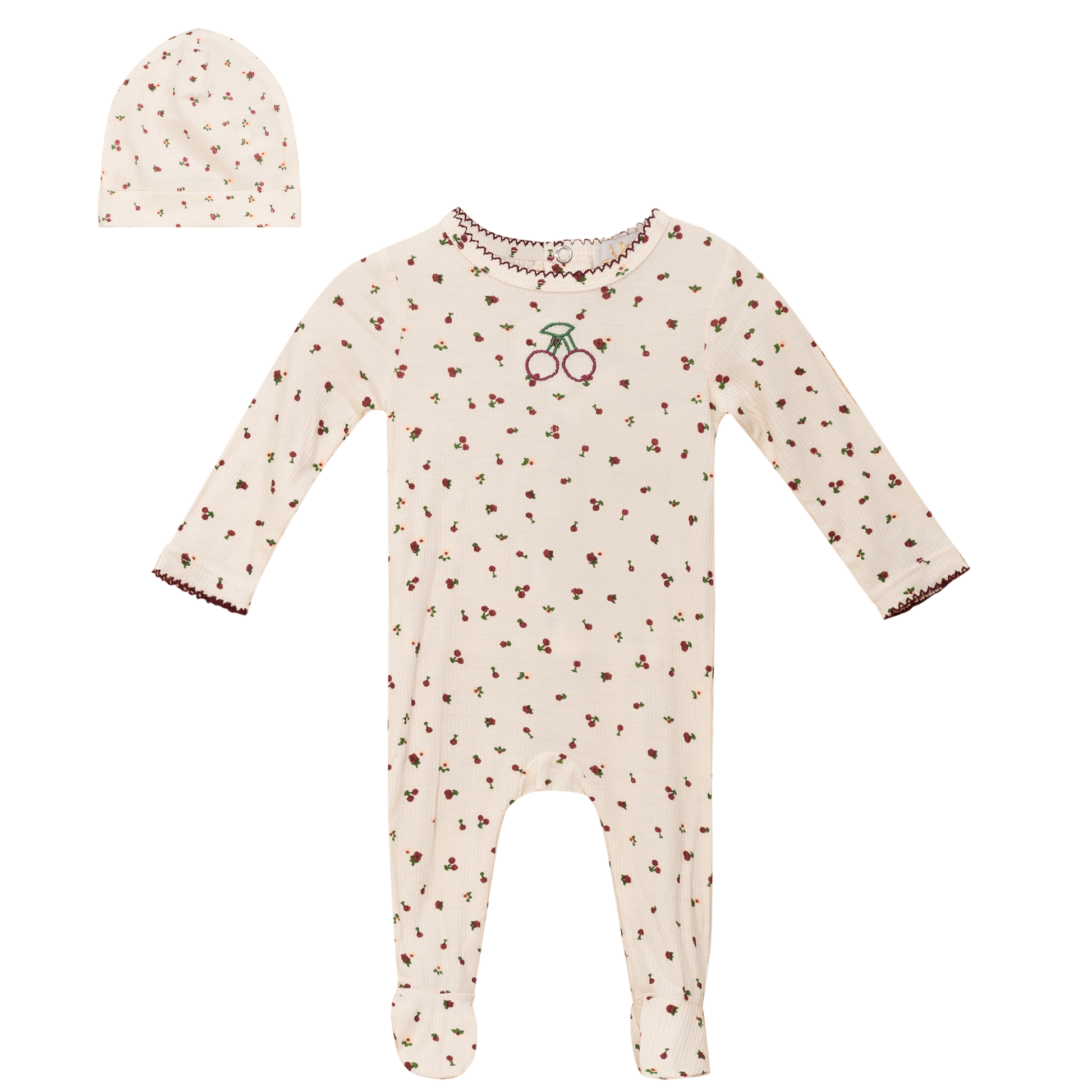 Cherry Print Onesie with Hat Beige
