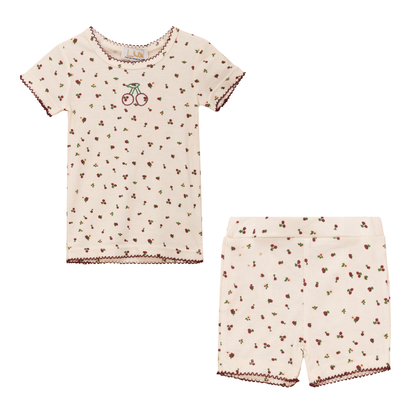 Cherry Print Shorts Set Beige
