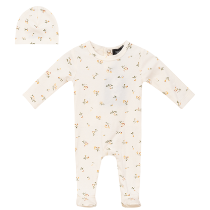 Floral Printed Onesie and Hat Off White