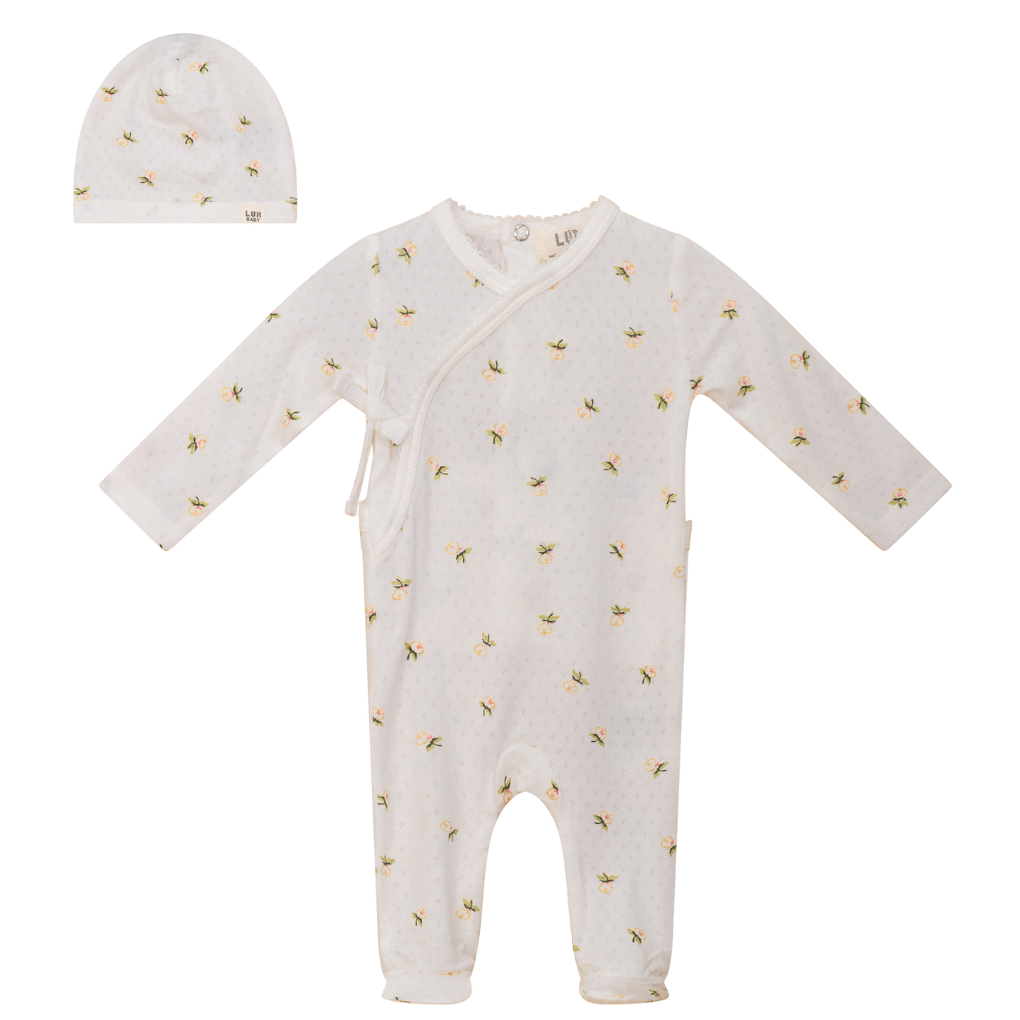 Floral Print Pointelle Onesie and Hat Off White