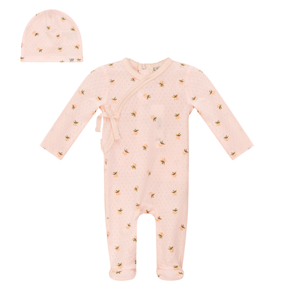 Floral Print Pointelle Onesie and Hat Pink