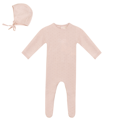 Pony Bow Print Onesie and Hat Soft Pink