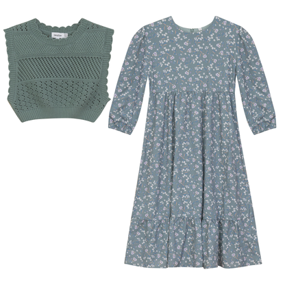 Woven Floral Dress with Vest Sage