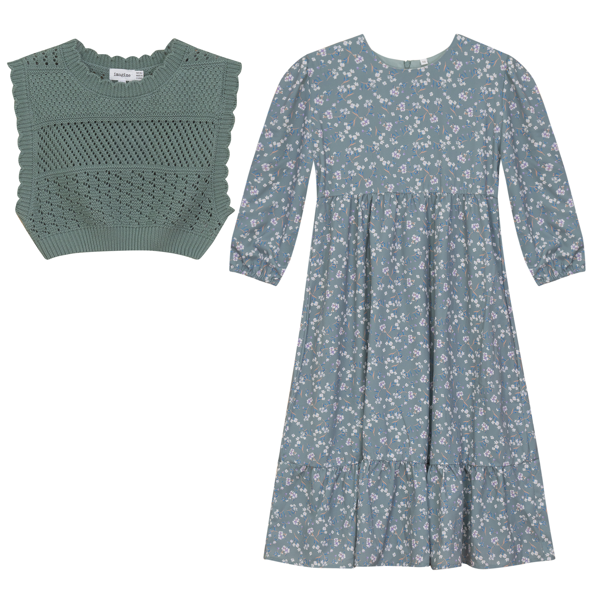 Woven Floral Dress with Vest Sage