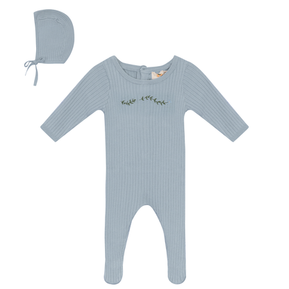 Rib Knit Stretchie and Bonnet Blue Mist