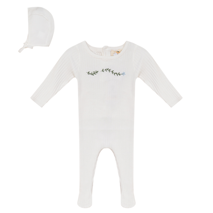 Rib Knit Stretchie and Bonnet Off White