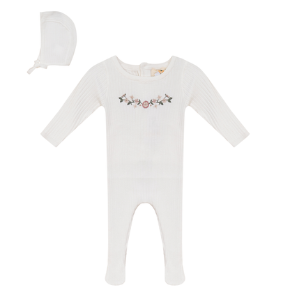 Rib Knit Stretchie and Bonnet Off White