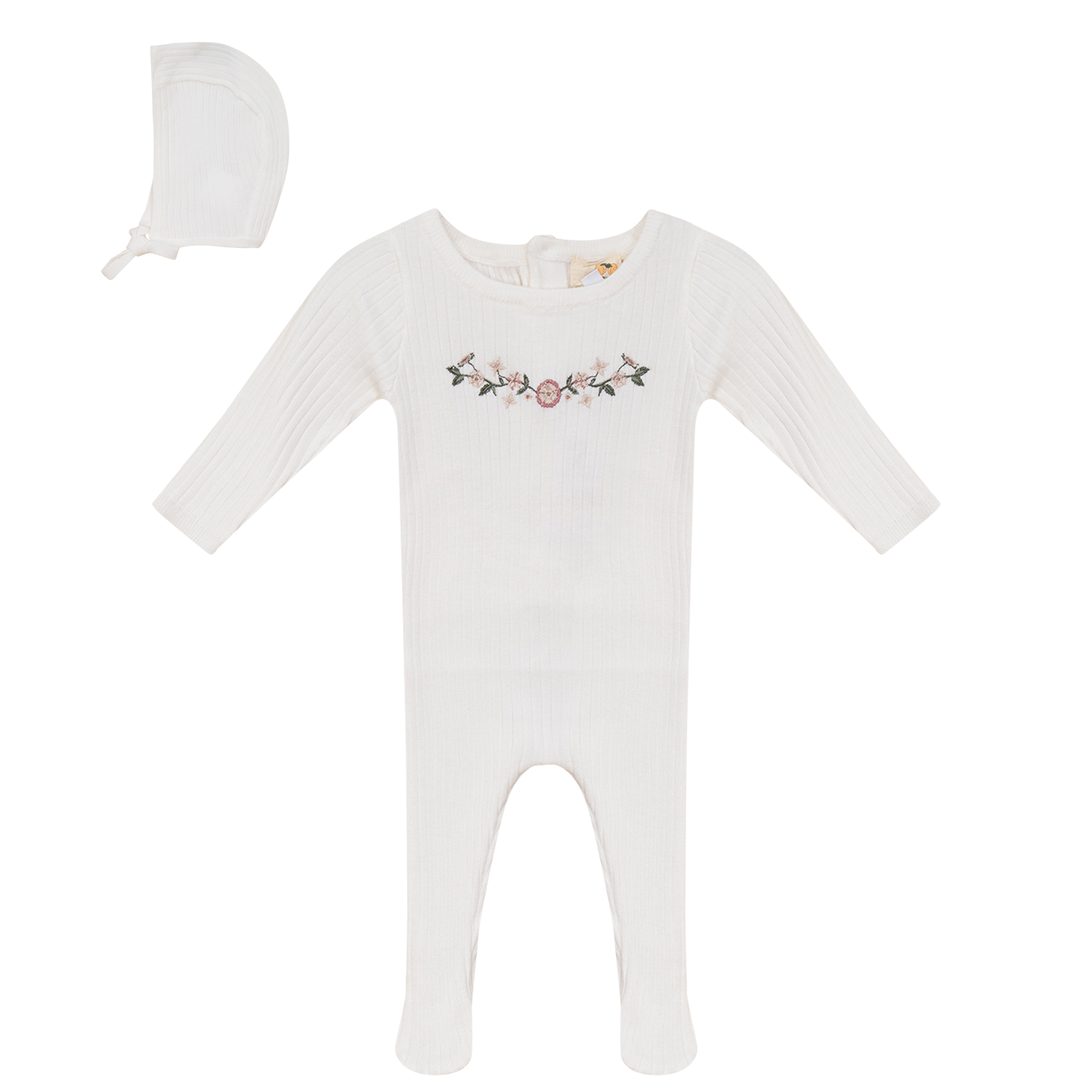 Rib Knit Stretchie and Bonnet Off White