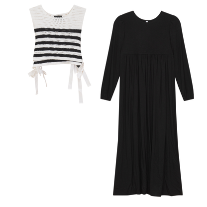 Dress with Crochet Knitted Vest Black Off White