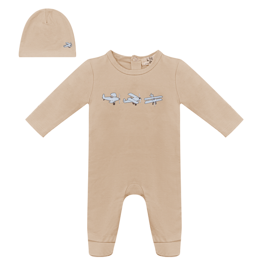Balerina Plane Print Onesie with Hat Beige