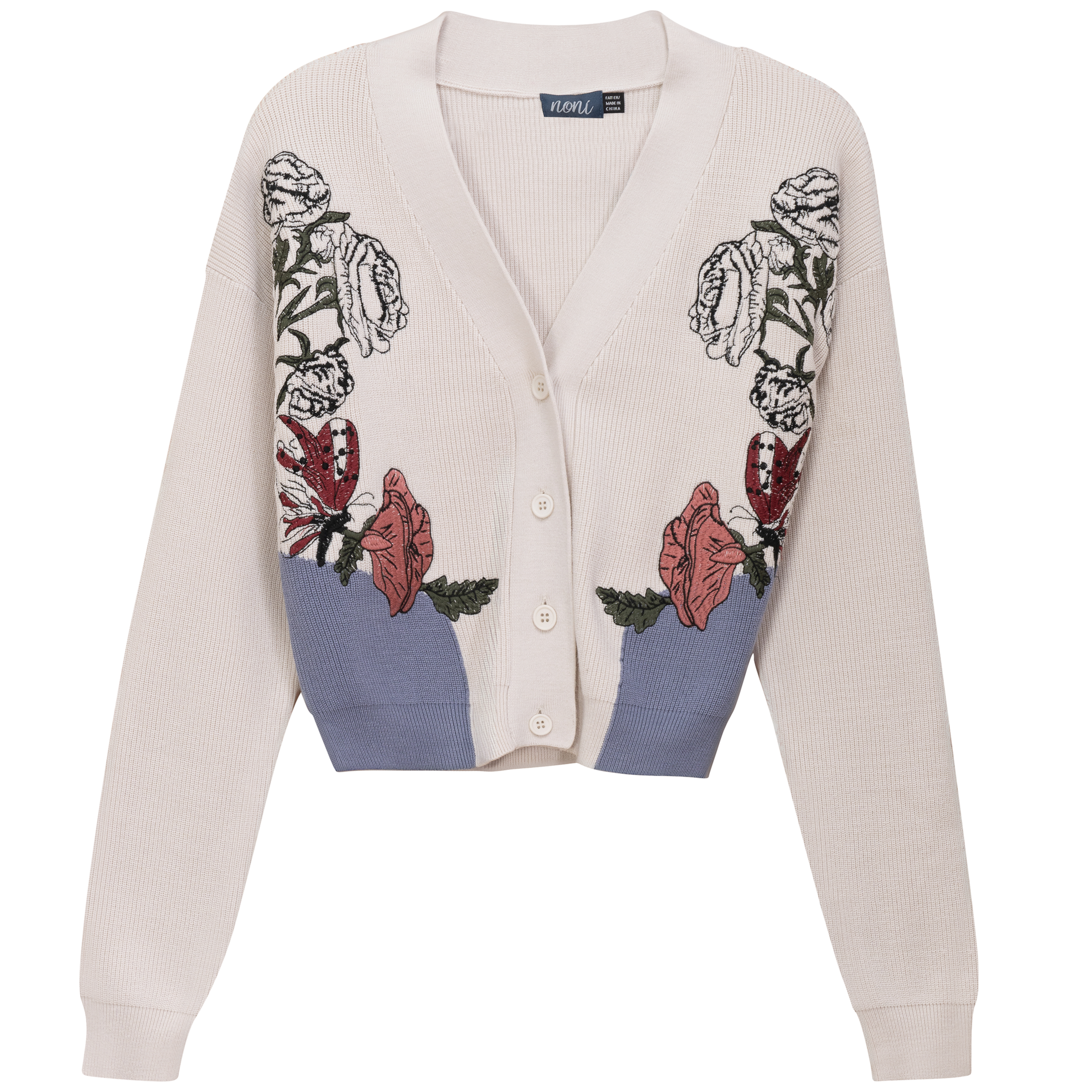 Embroidered Cropped Cardigan Off White Blue